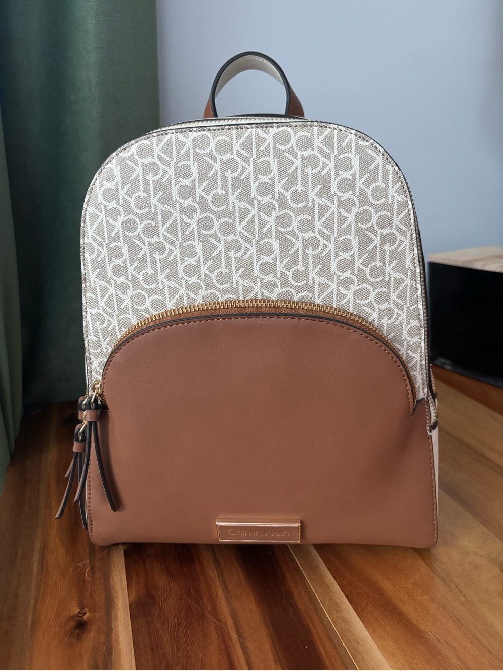 Calvin Klein Beige Monogram & Brown Leather Backpack